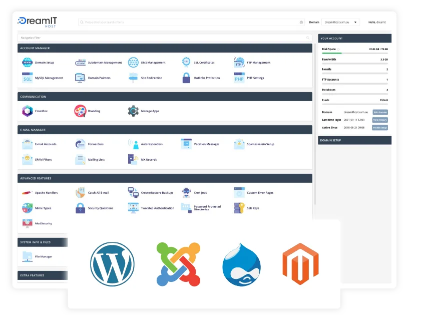 One-click application installation interface showing popular web apps like WordPress, Magento, Joomla and PrestaShop